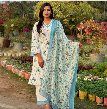 FYNRA Premium Cotton Floral Print 3 Piece Salwar Kameez for Women - White & Blue